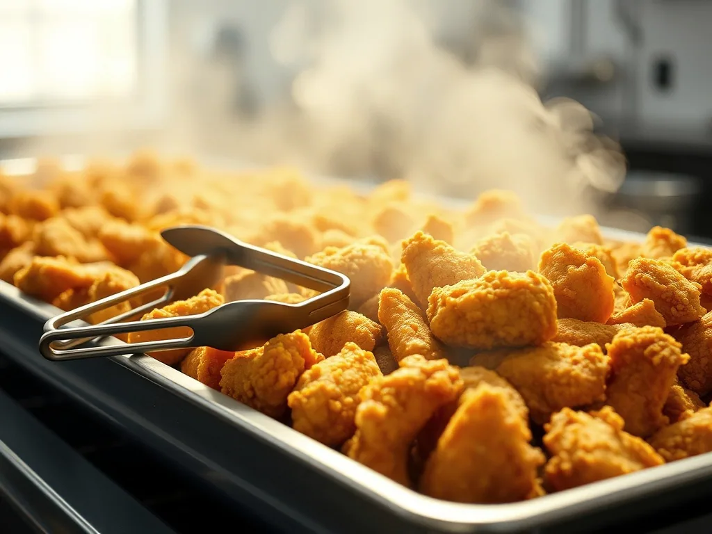A deep pan heaped with golden fried chicken pieces on a serving line, tongs resting on the rim, steam rising.