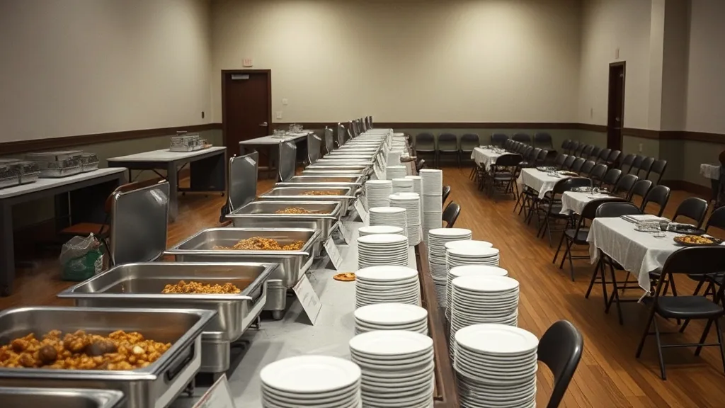 A serving line down a church hall: stainless roaster pans open along skirted tables with steam rising, tall stacks of plates at the near end, folding chairs set beyond.