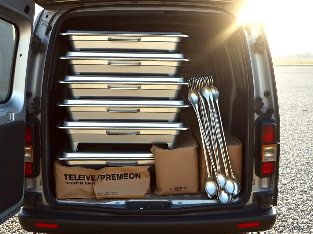 Stacked aluminium roaster pans, wire chafing frames and a bundle of serving spoons loaded in the open back of a van on a gravel lot.