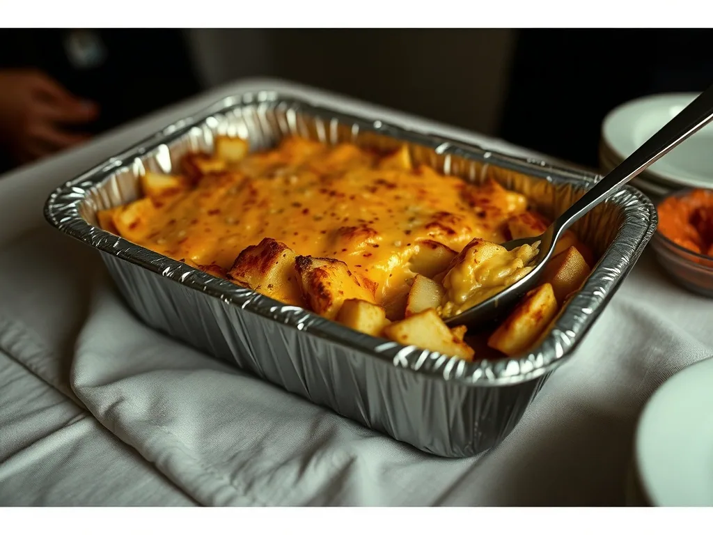 A foil pan of baked cheesy potatoes with a browned top, a large serving spoon dug into one corner, on a cloth covered table.